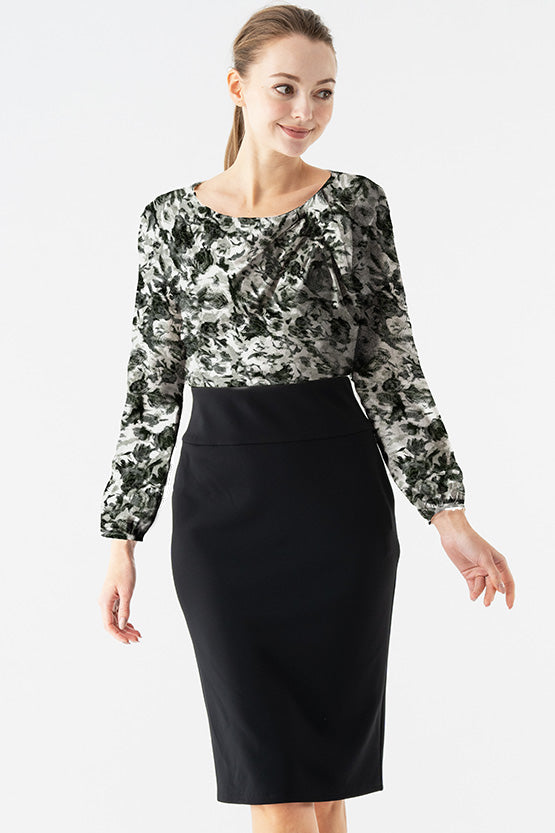 Space Material: Gray Nuance Flower X Black Décolleté Tuck Dress