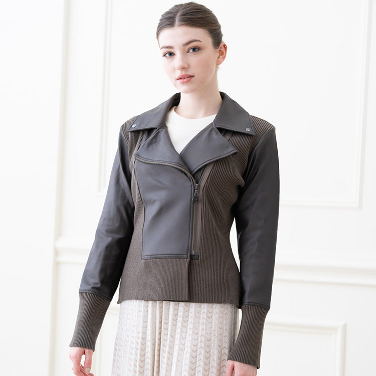 A unique combination of 4-way vegan leather and ribbed knit