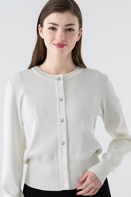 Flower Metal Button Kanazawa Waist Shape Cardigan