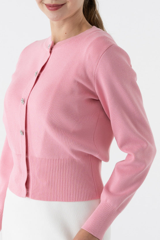 Flower Metal Button Kanazawa Waist Shape Cardigan