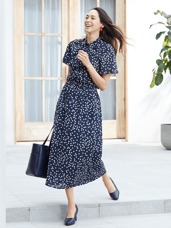Stretch Chiffon: Navy Clover Collared Frill Blouse