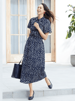 Stretch Chiffon: Navy Clover Collared Frill Blouse