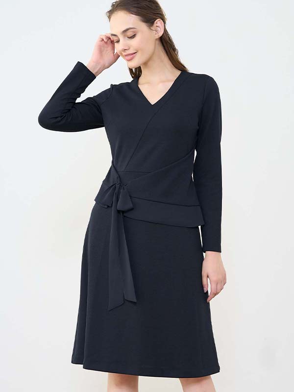 Navy Double Jersey V-Neck A-Line Dress