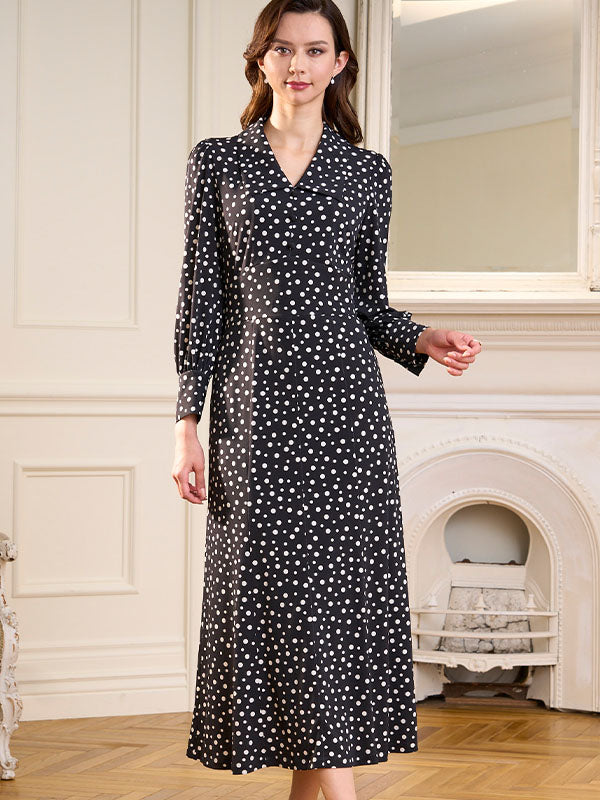 Long Length: Black Dot Long Collar Dress