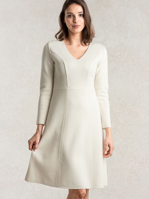 Washable Knit: Milky White Milano Rib V-Neck Dress