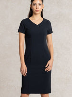 All-Season Material: Navy V-Neck I-Line Dress