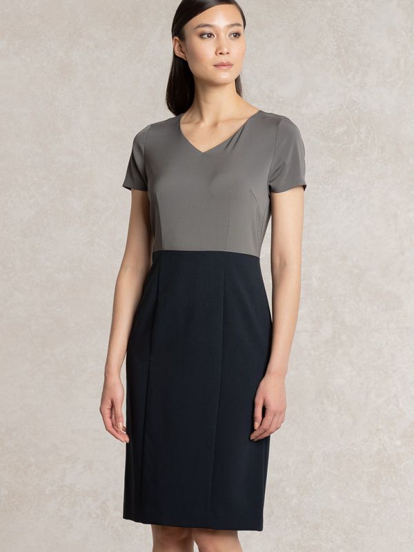 All-Season Material: Charcoal X Navy V-Neck I-Line Docking Dress