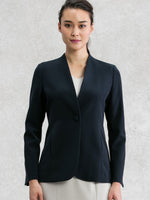 All-Season Material: Navy Long Collarless Jacket