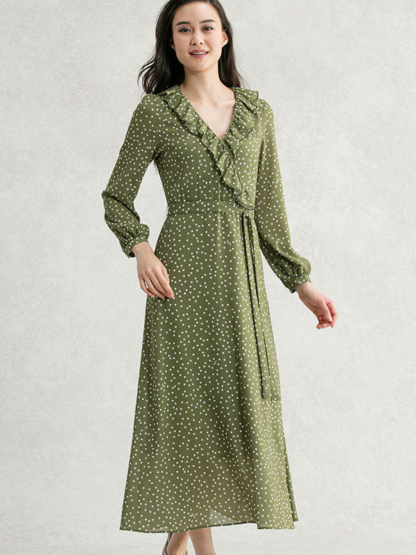 Stretch Chiffon: Khaki Tiny Dot Chiffon Frill Long