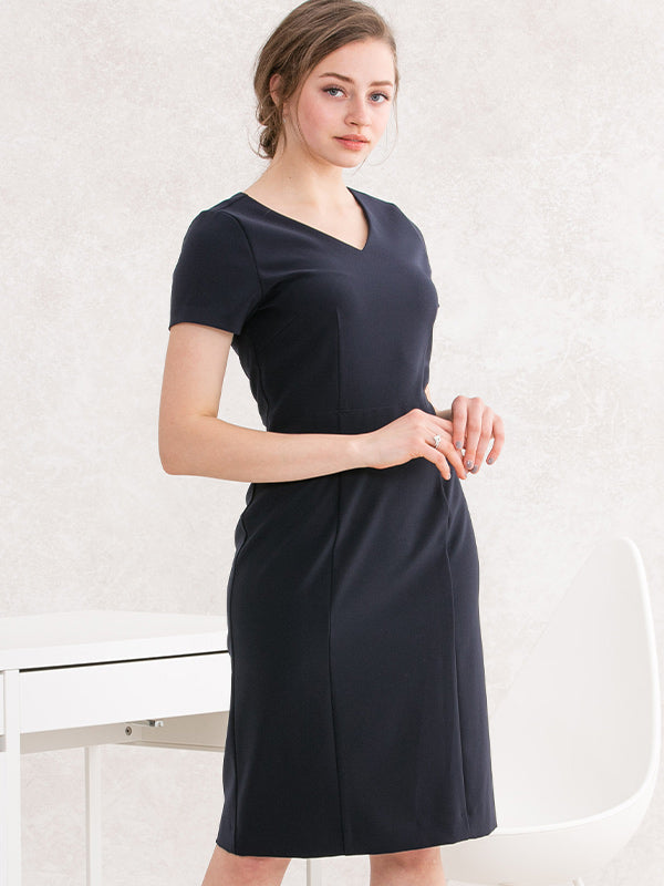 All-Season Material: Navy V-Neck I-Line Dress
