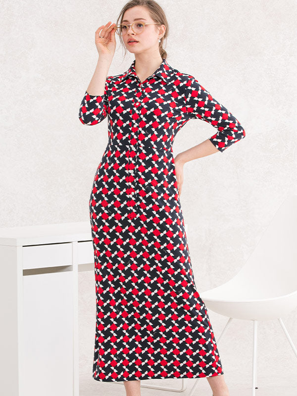Long Length: Red Pinwheel Long Shirt Dress