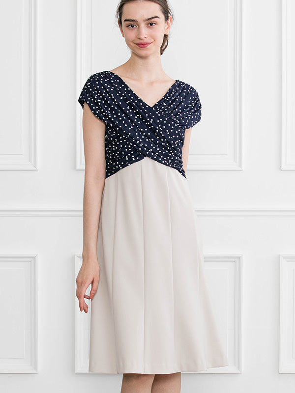 All-Season Material: Navy Dot X Greige Shoulder Venus Dress