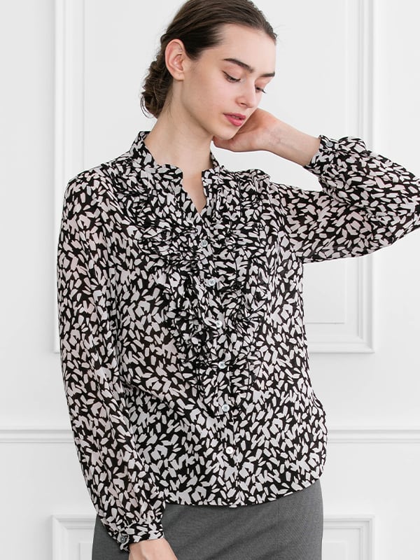 Stretch Chiffon: White Geo Frill Blouse