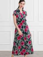 Stretch Chiffon: Black Peony Collared Cache-Coeur Chiffon Long