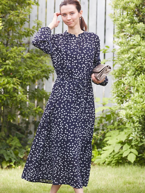 Stretch Chiffon: Navy Clover Bohemian Chiffon Long