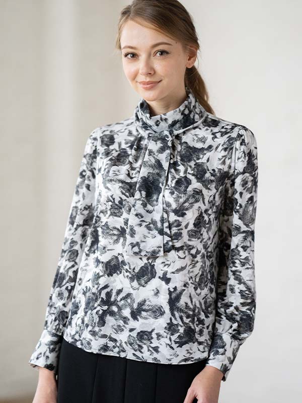 Gray Nuance Flower 2-Way Bowtie Blouse