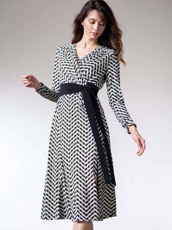 Black Herringbone Cache-Coeur Ribbon Dress