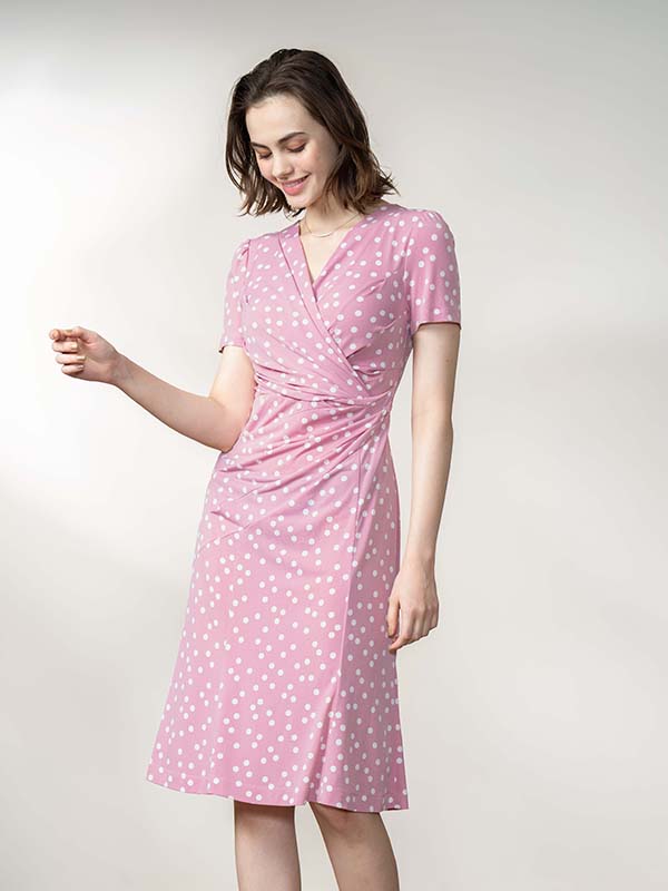 Pink Dot Gathered Short-Sleeved Dress