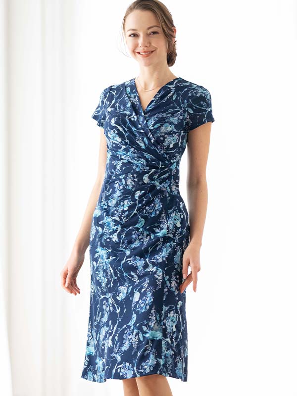 Blue Botanical Gathered Dress