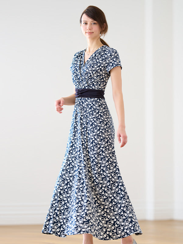 Long Length: Navy Playing Card Geo Long Marilyn Dress