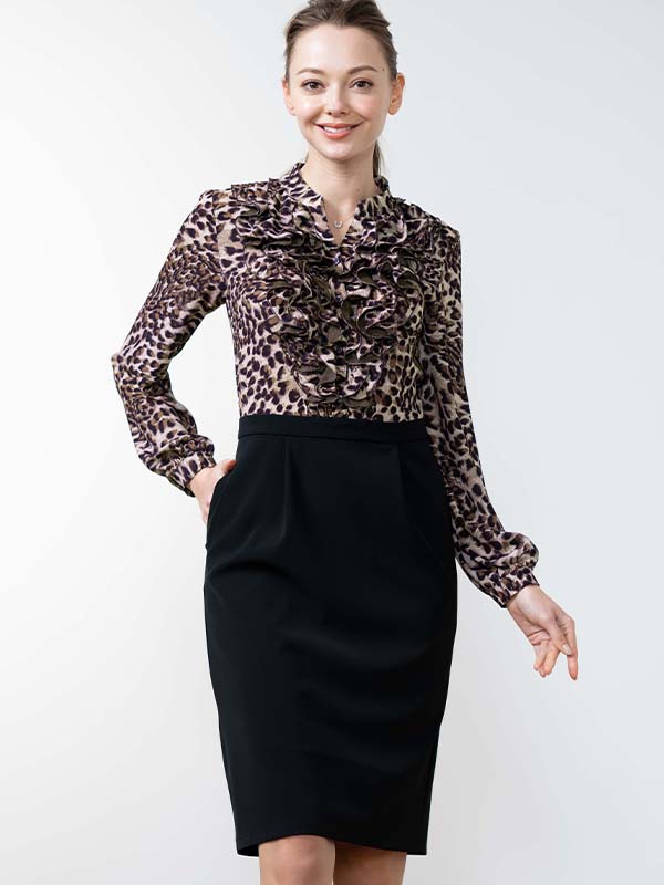 All-Season Material: Smart Stretch Leopard Print And Black Ruffle Dress
