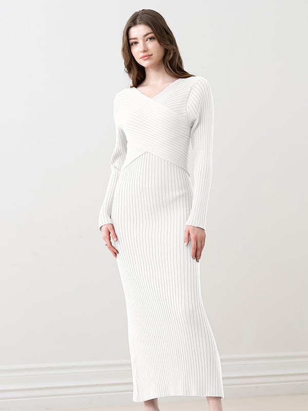 Long Length: White Long Cross Knit Dress