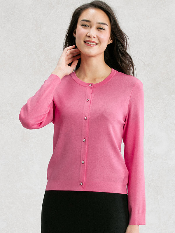 Washable Knit: Pink Crew-Neck Cardigan