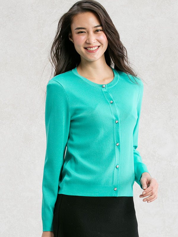 Washable Knit: Turquoise Crew-Neck Cardigan