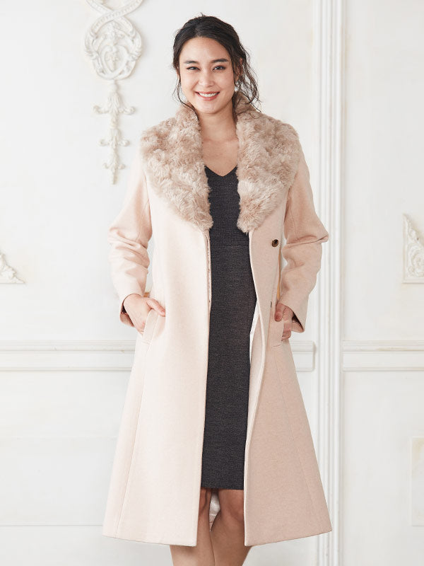 Long Length: Pink Beige Eco-Fur Coat