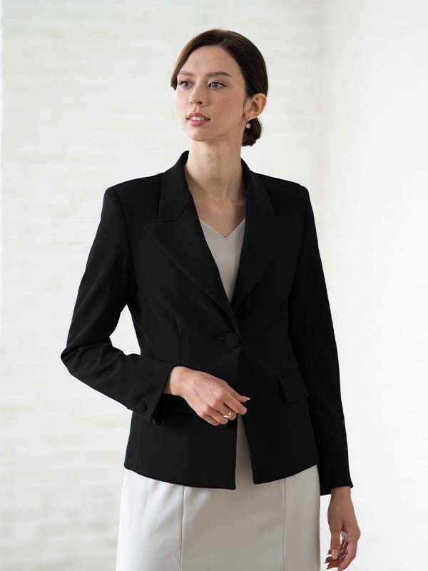 All-Season Material: Black Peaked Lapel Jacket