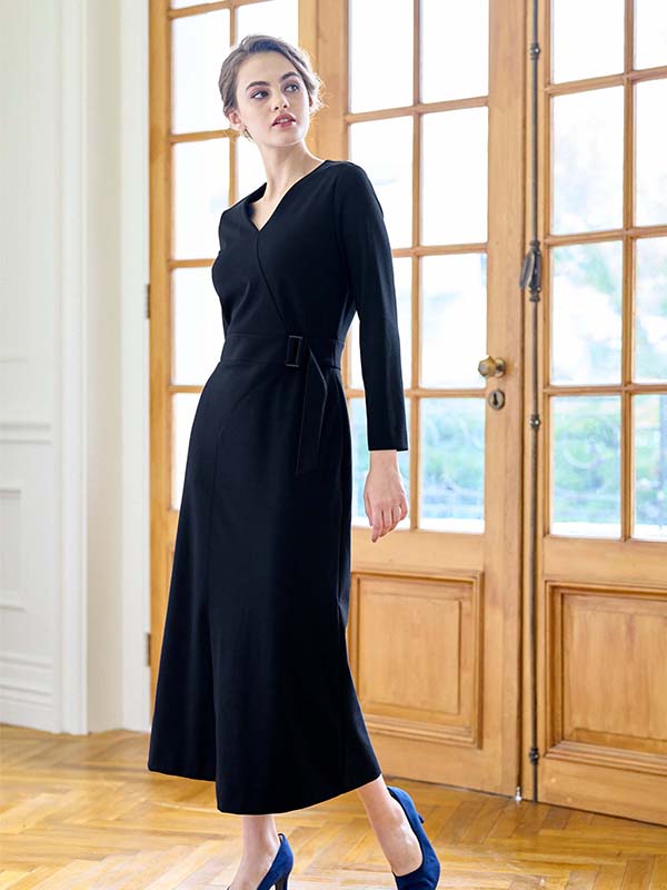Long Length: Navy Long Belted Dress