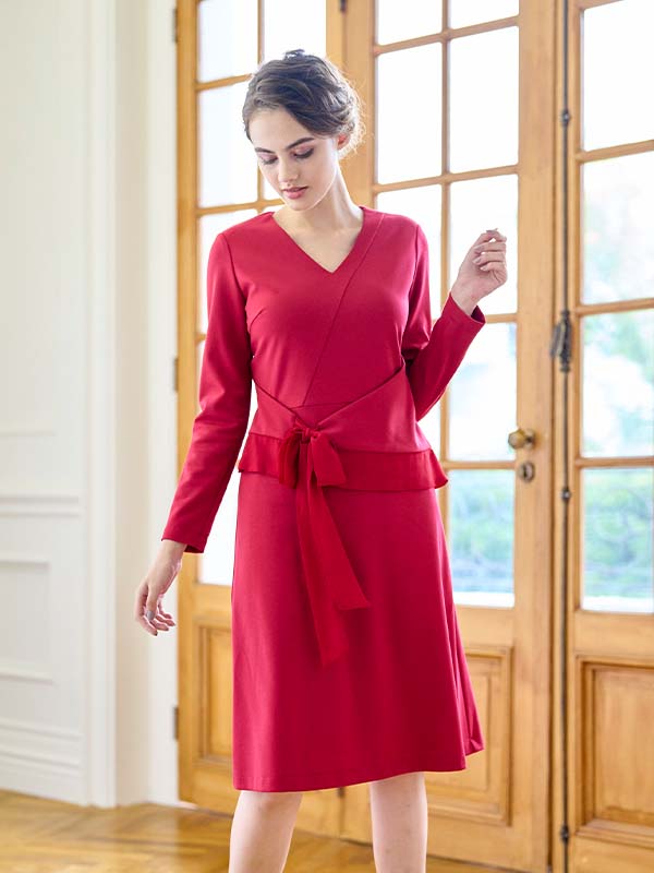 Double Jersey Red V-Neck A-Line Dress
