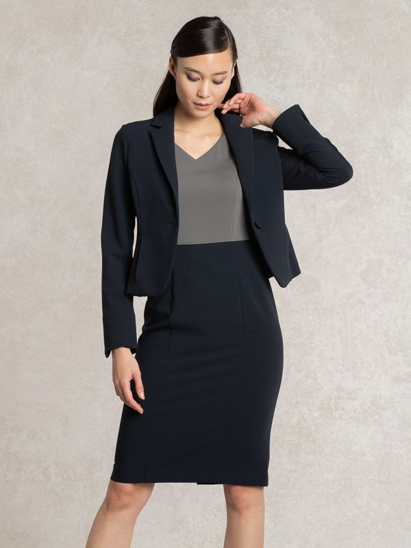All-Season Material: Charcoal X Navy V-Neck I-Line Docking Dress