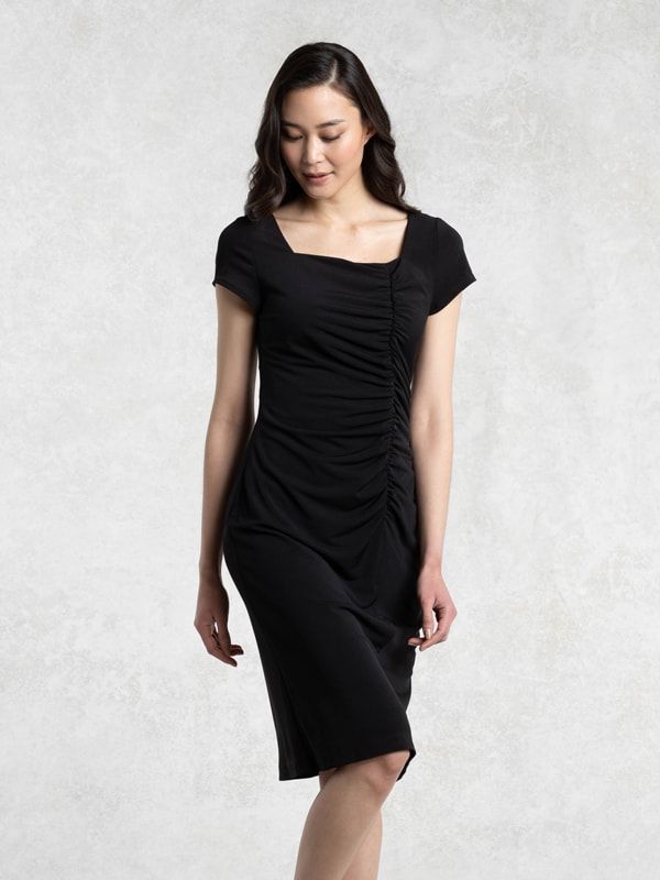 Black Square Neck Gather Dress
