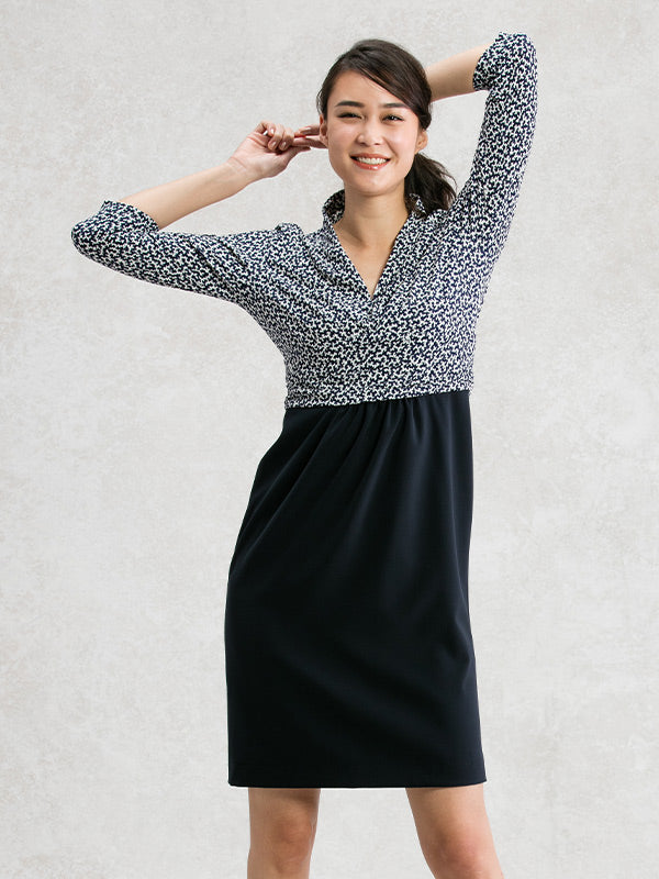 All-Season Material: Navy Mille Fleur Docking Shell Dress
