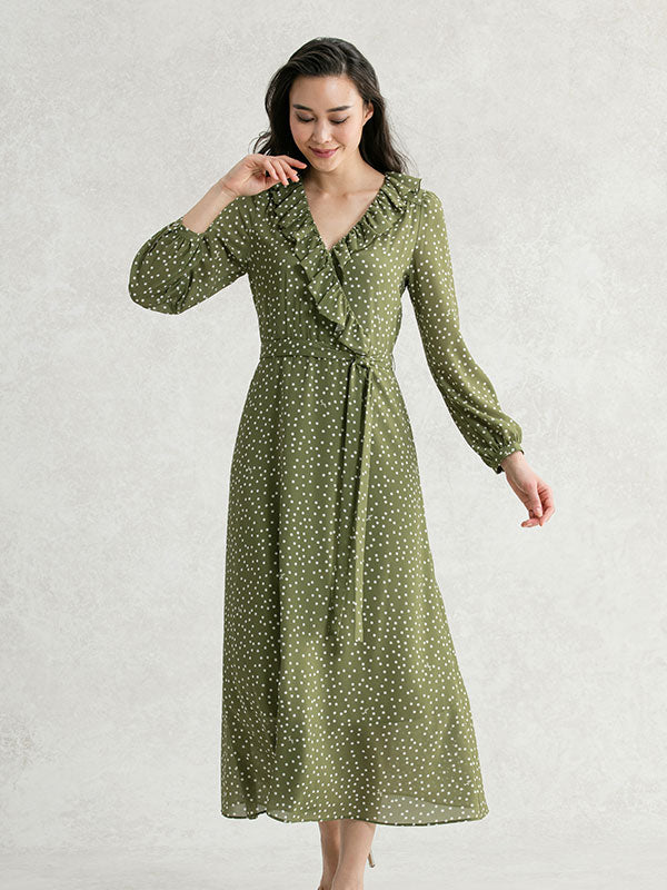Stretch Chiffon: Khaki Tiny Dot Chiffon Frill Long