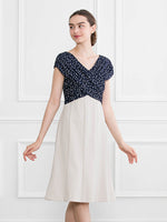 All-Season Material: Navy Dot X Greige Shoulder Venus Dress