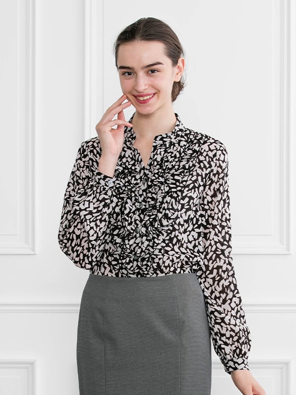 Stretch Chiffon: White Geo Frill Blouse