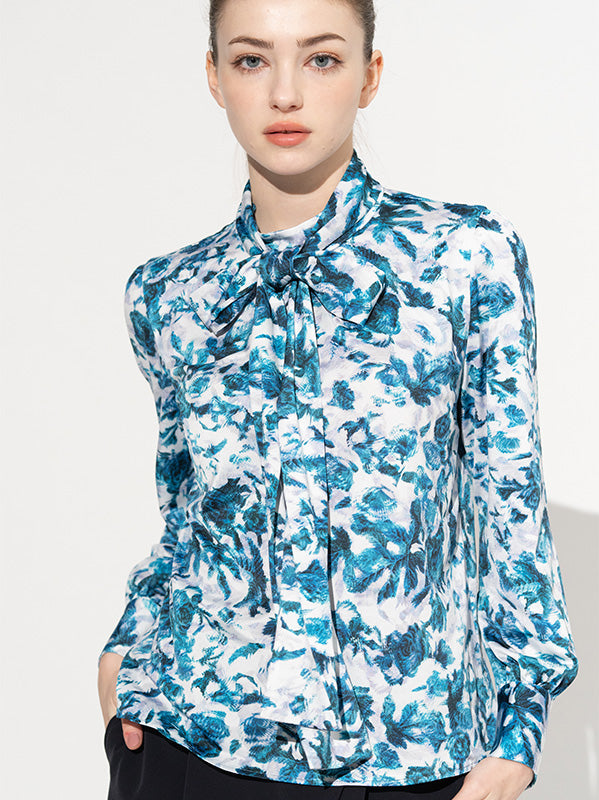 Blue Nuance Flower Two-Way Bowtie Blouse