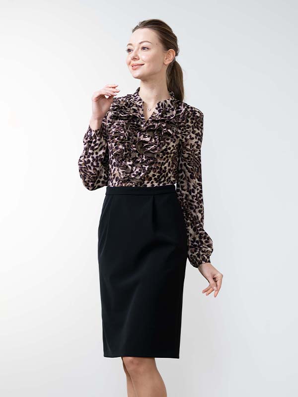All-Season Material: Smart Stretch Leopard Print And Black Ruffle Dress