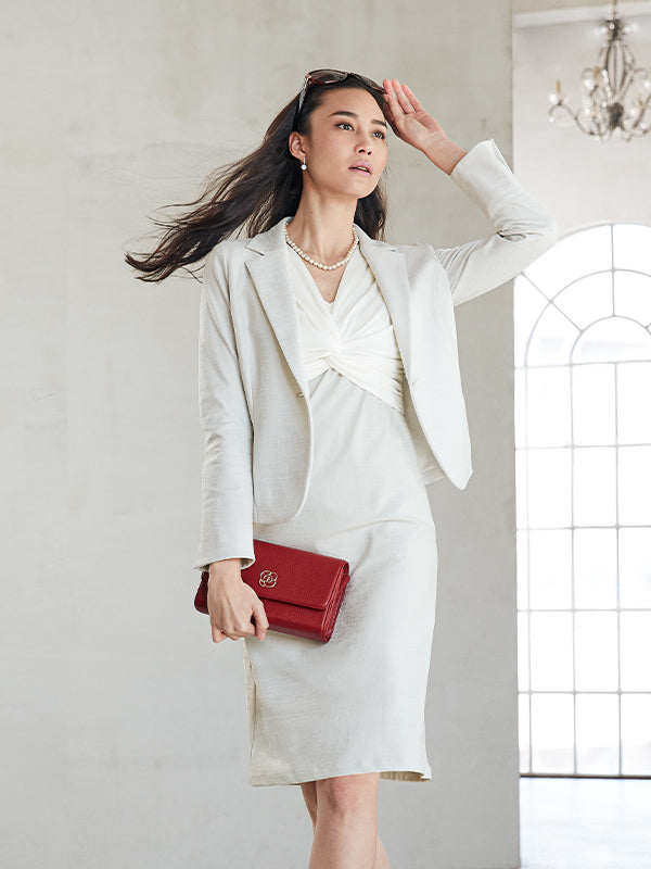 Stretch Jacquard: White X Gray Jacquard Docking Twist Dress