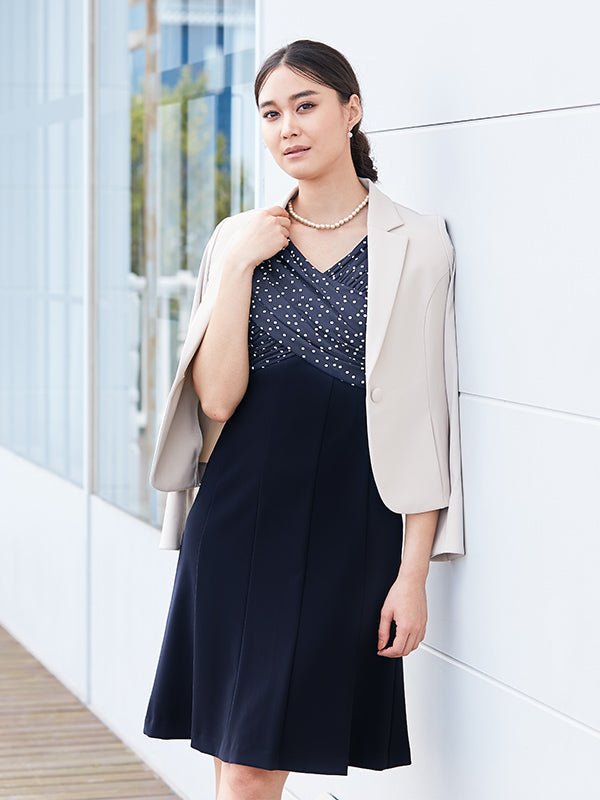 All-Season Material: Navy Dot X Navy Shoulder Venus Dress