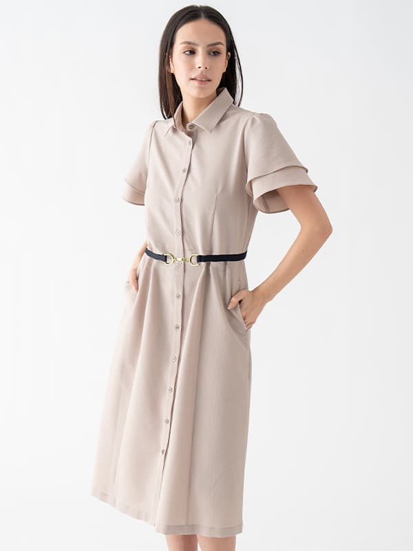 Beige x Black Bowtie Shirt Dress