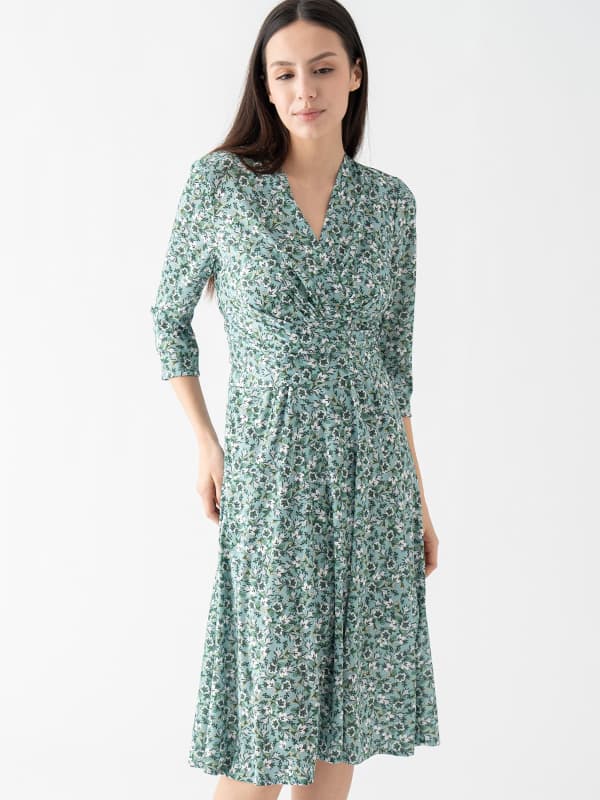 Silk-Like Green Petite Flower Cache-Coeur Dress