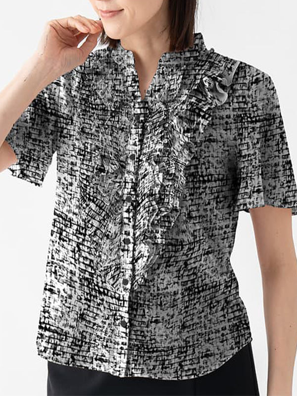 Stretch Chiffon: Mosaic Check Frill Blouse
