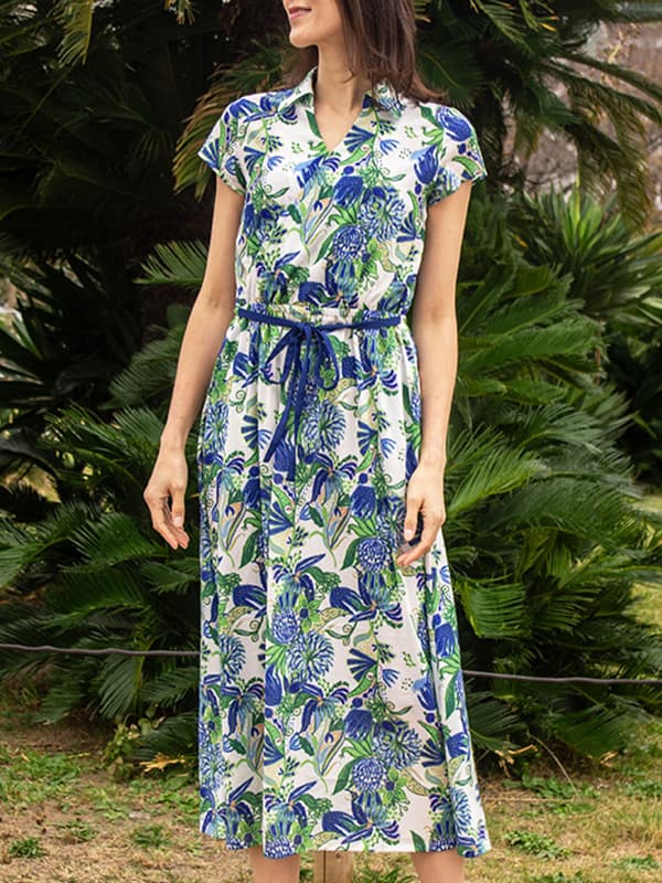 Stretch Chiffon: Stretch Chiffon Blue Crayon Berry Long Collared Cache-Coeur Dress