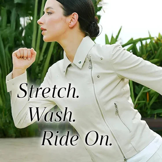 A washable, lightweight, stretchy biker jacket that won't cause shoulder stiffness