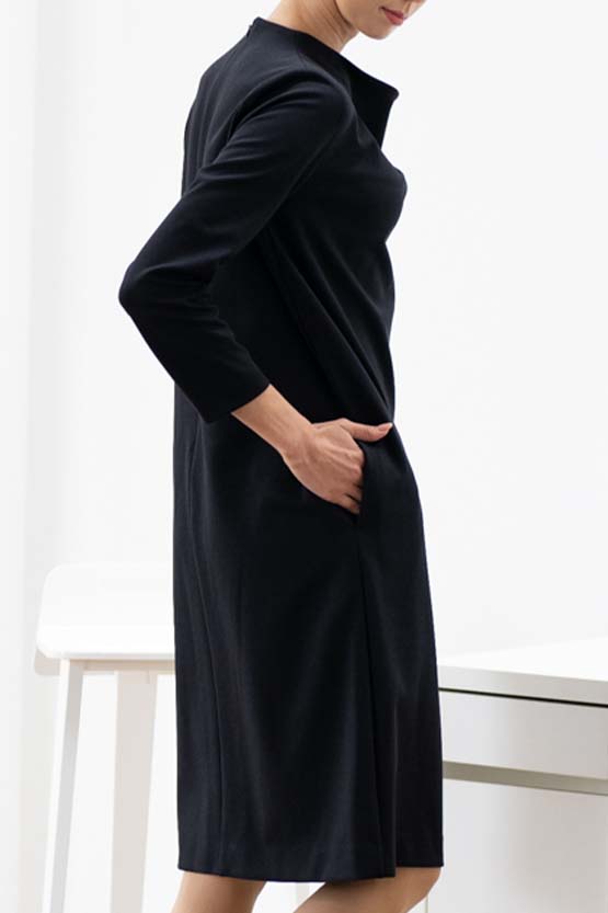 Black Double Jersey Draped Neck Dress
