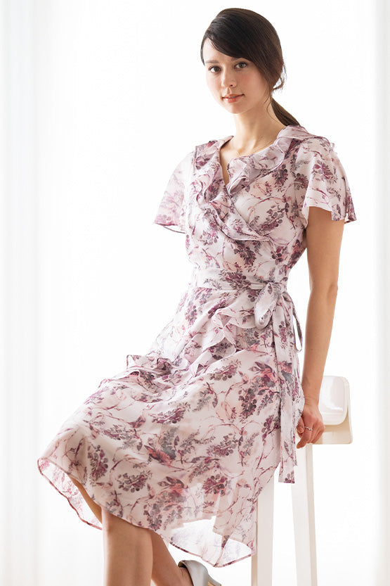 Stretch Chiffon: Pink Botanical Frill Chiffon Dress
