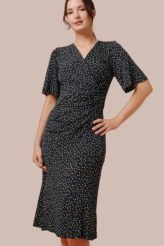Stretch Jersey: Navy Dot Gathered Dress